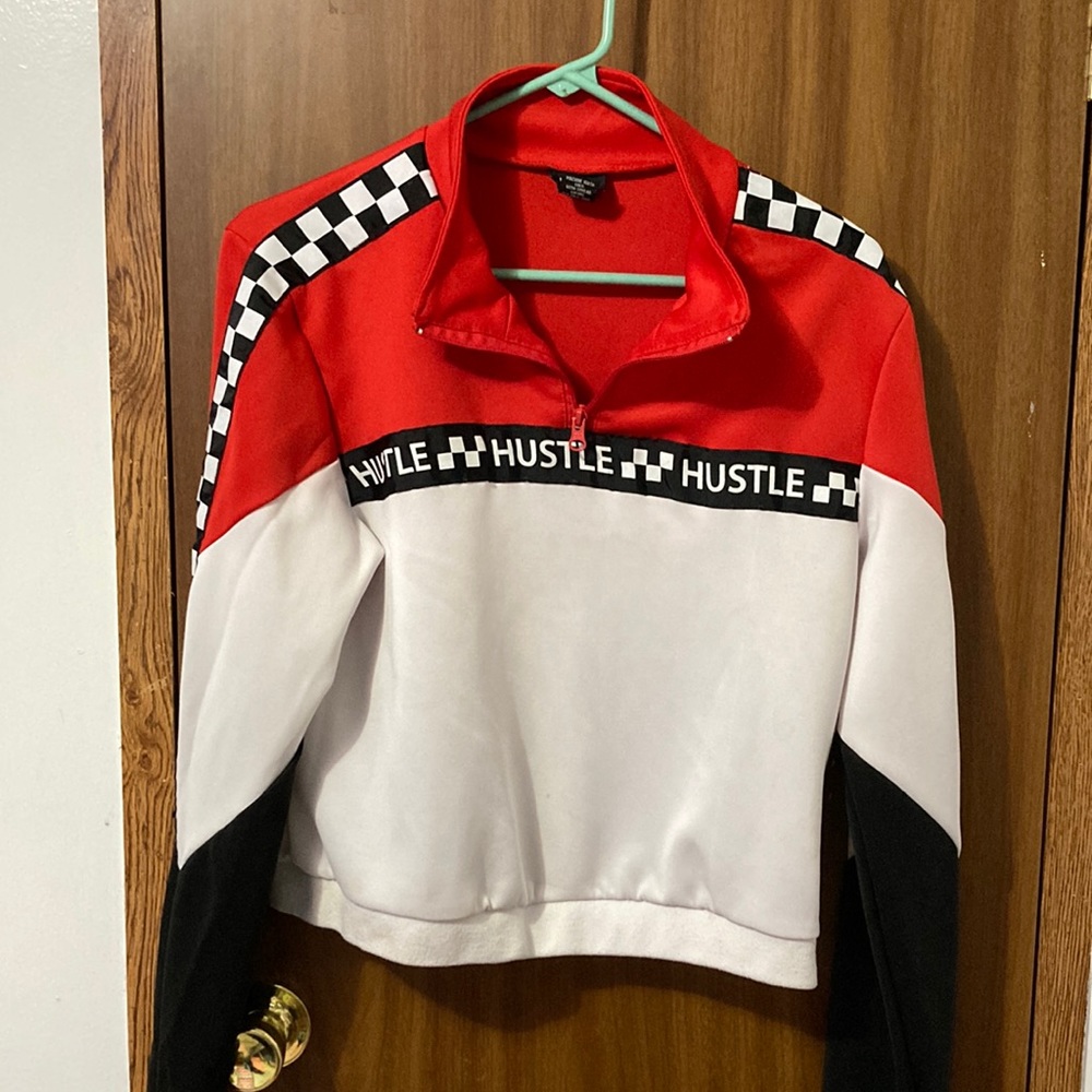 Red white and checkered hustle long sleeve crop sweatshirt